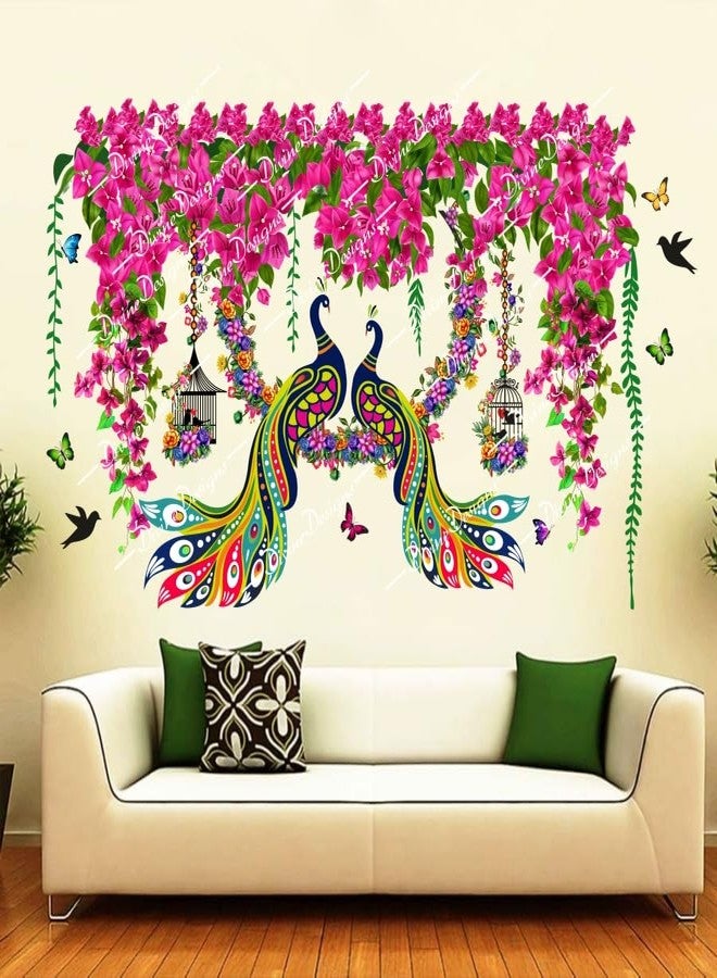 DivineDesigns PVC Vinyl Summer Pink Flowers Cage & Two Peacocks on Branch Self-Adhesive Wall Sticker for Home Decor/Decoration Living Room (Multicolor) - Image 1